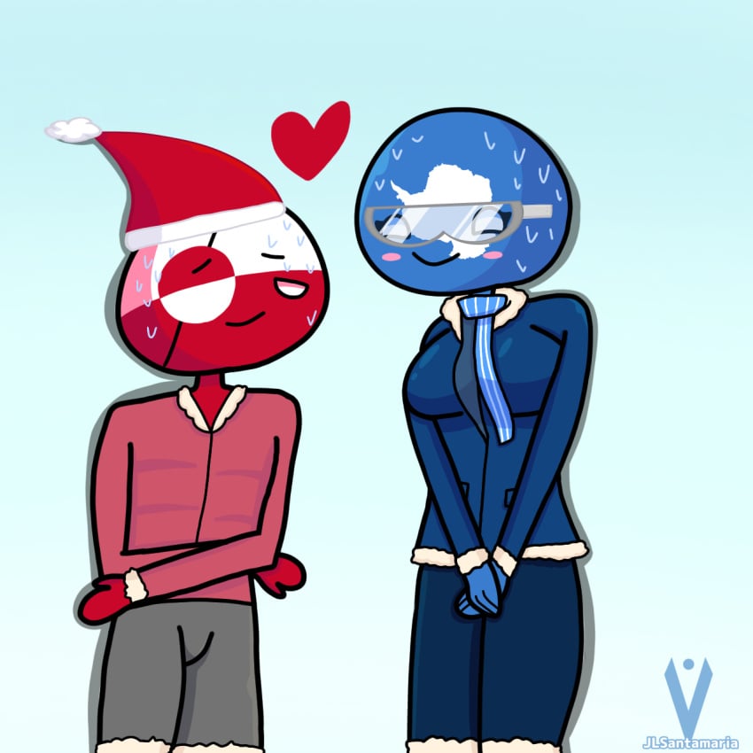 1boy 1girls antarctica_(countryhumans) blush christmas_hat countryhumans countryhumans_girl female glasses greenland_(countryhumans) heart jlsantamaria male