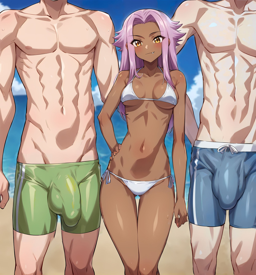 1girls 2boys 2boys1girl abs ai_coomer ai_generated ai_hands amber_eyes bangs beach big_bulge big_penis bikini blue_swimming_trunks blue_swimwear blush bulge closed_mouth clouds confident confident_female cute_fang dark-skinned_female dark_skin female female_swimwear flaccid flaccid_penis green_swimming_trunks green_swimwear hand_on_hip interracial large_penis larger_male larger_male_smaller_female light-skinned_male light_skin long_hair looking_at_viewer male male_swimwear muscular navel ocean oerba_yun_fang outdoors outside partially_clothed pink_hair sand sea self_upload side_tie_bikini small_breasts smaller_female smile stable_diffusion standing straight sunshine swimming_trunks swimsuit thigh_gap trio water waves white_bikini white_bikini_bottom white_bikini_top white_swimwear yellow_eyes