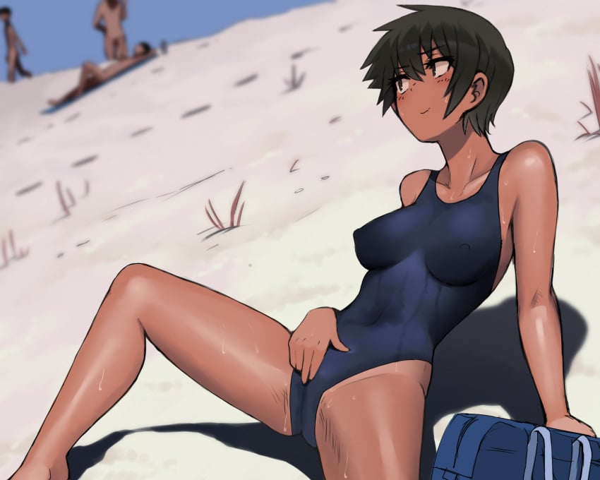 3others arm_support bag barefoot beach black_hair blush breasts casual casual_nudity closed_mouth collarbone commentary_request competition_swimsuit completely_nude completely_nude_female covered_navel covered_nipples covering_crotch covering_privates dark_skin day exhibitionism exhibitionist feet female green_hair handbag highres kuronami_(lvi) looking_at_another lvi masturbation medium_breasts multiple_others nude nude_beach nude_female nudist nudist_beach one-piece_swimsuit original outdoors public public_indecency public_nudity school_swimsuit short_hair smile solo_focus spread_legs sweat swimsuit tan tanlines tomboy very_short_hair wet