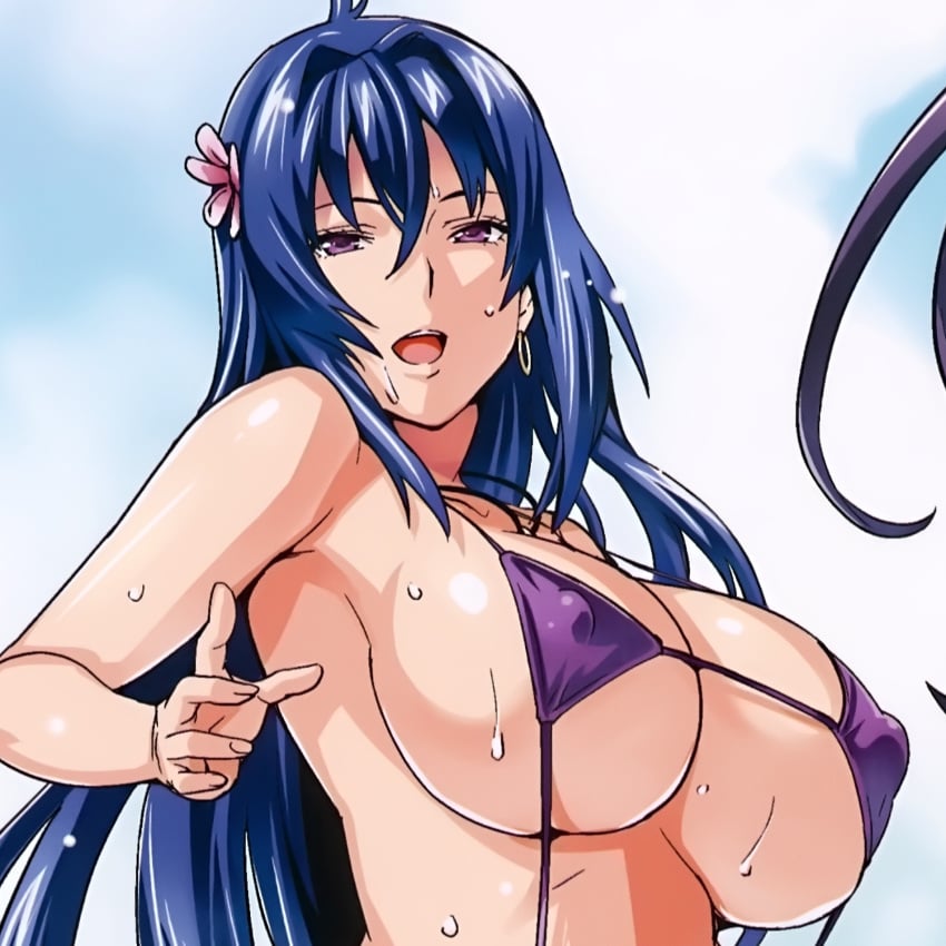 bangs bare_shoulders big_nipples blue_eyes blue_hair color colored earring erect_nipples erect_nipples_under_swimsuit female female_focus female_only flower_in_hair hair_between_eyes hair_ornament huge_breasts long_hair maken-ki! micro_bikini nijou_aki nipple_bulge official_art open_mouth purple_swimsuit revealing_swimsuit slingshot_bikini slingshot_swimsuit smile smiling swimsuit takeda_hiromitsu upper_body