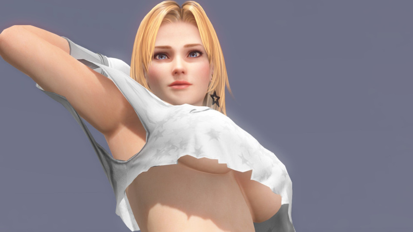 3d armpits arms_up athletic athletic_female big_breasts blonde_hair blue_eyes breasts busty crop_top crop_top_overhang dead_or_alive duck_norris earrings female female_focus female_only hands_behind_head hourglass_figure long_hair makeup no_bra tagme tina_armstrong underboob