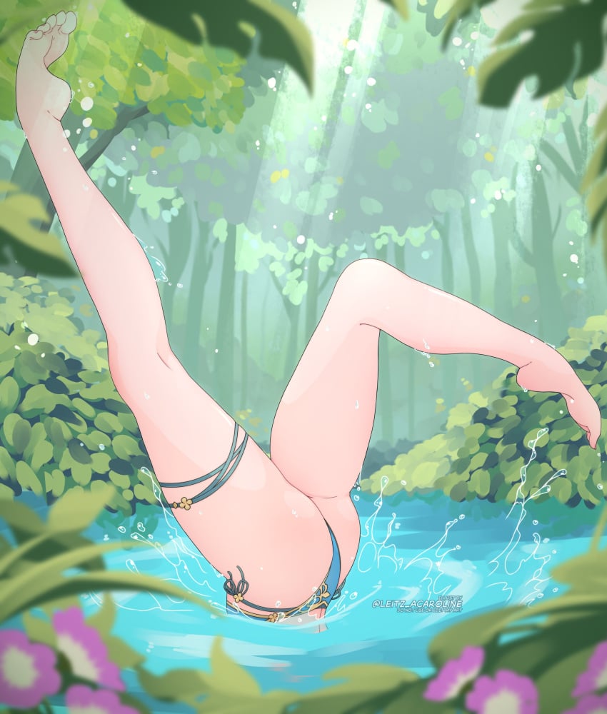 alluring alternate_costume ass beautiful_legs beautiful_thighs dancing feet_up female fire_emblem fire_emblem:_path_of_radiance fire_emblem:_radiant_dawn forest leg_focus legs legs_apart legs_up leitz_acaroline lower_body lower_body_focus nature nephenee_(fire_emblem) nintendo one-piece_swimsuit splashing sunlight swimsuit synchronized_swimming thigh_band thighs tree water