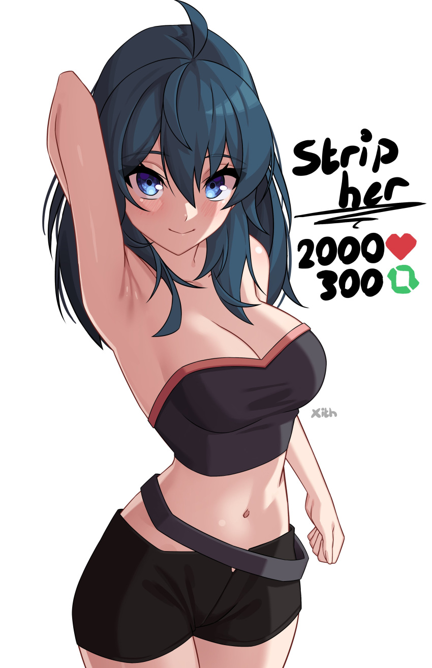 1girls absurdres ahoge arm_up armpits bare_arms bare_shoulders belt black_belt black_shorts blue_eyes blue_hair blush breasts byleth_(female)_(fire_emblem) byleth_(fire_emblem) byleth_(fire_emblem)_(female) cleavage cowboy_shot female female_only fire_emblem fire_emblem:_three_houses highres like_and_retweet long_hair looking_at_viewer medium_breasts meme midriff navel nintendo short_shorts shorts simple_background solo standing stomach strapless teal_hair tube_top twitter_strip_game_(meme) white_background x_xith_x