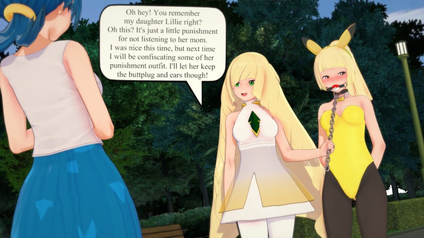 3d 3girls ball_gag bench blonde_hair blue_hair blue_skirt bondage bowtie breasts chain_leash collar detached_collar dress english_text fake_animal_ears gag gagged green_eyes koikatsu lana's_mother_(pokemon) large_breasts leash leotard lillie_(pokemon) long_hair lusamine_(pokemon) milf mother_and_daughter nintendo oof_(artist) outside pantyhose pikachu pikachu_(cosplay) pikachu_ears poke_ball_gag pokemon pokemon_sm ponytail punishment shirt short_hair skirt sky small_breasts street_lamp text text_bubble trees white_dress white_shirt yellow_leotard