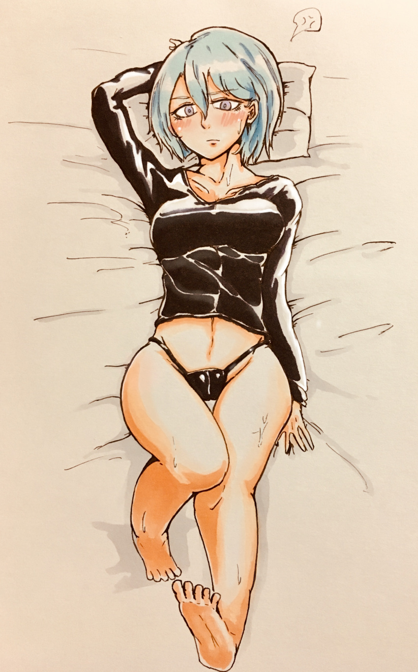 1girls belka beruka_(fire_emblem) beruka_adon blue_hair blush female fire_emblem fire_emblem_fates hand_above_head handdrawn looking_at_viewer lying_down lying_on_back medium_breasts nintendo on_back on_bed panties short_hair silver_eyes sweat