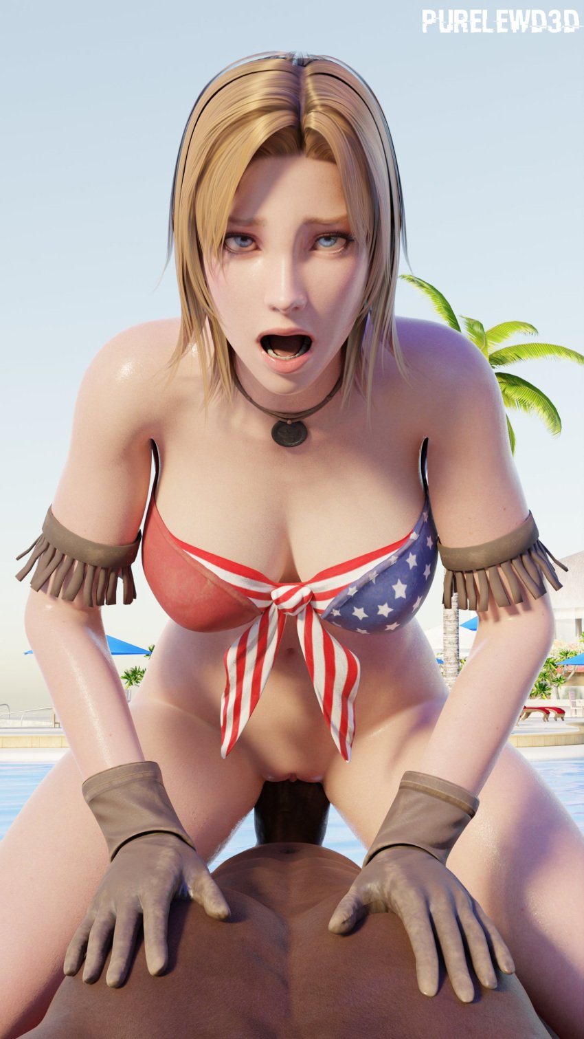 1boy 1girls 3d american_flag_bikini armlet blonde_hair blue_eyes busty cowgirl_position dark-skinned_male dead_or_alive dead_or_alive_xtreme_beach_volleyball female female_focus gloves hairless_pussy hands_on_chest hourglass_figure interracial light-skinned_female light_skin long_hair looking_pleasured male necklace open_mouth penetration penis pool pure_lewd3d pussy riding sex shaved_pussy tagme tina_armstrong vagina vaginal vaginal_penetration vaginal_sex wide_hips