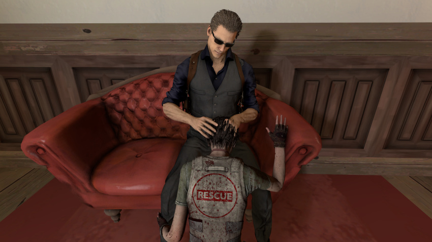 1boys 1girls 3d albert_wesker blood blowjob domination fellatio gloves holster irrumatio oral oral_sex rebecca_chambers resident_evil resident_evil_4 shades short_hair tactical_vest vest