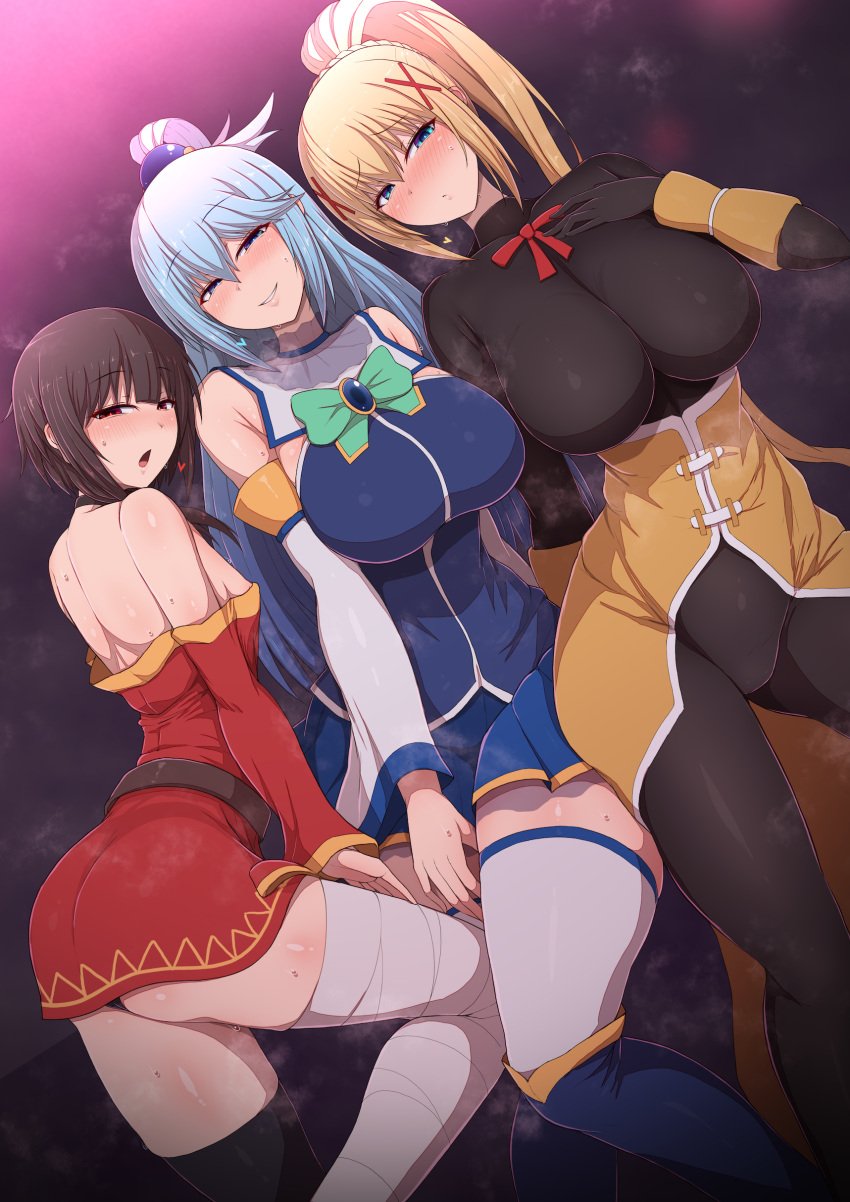 3girls aqua_(konosuba) ass bare_shoulders black_pantyhose blonde_hair blue_eyes blue_high_heel_boots blush brown_hair cleavage darkness_(konosuba) female female_only footwear goddess hair_between_eyes kono_subarashii_sekai_ni_shukufuku_wo! large_breasts long_hair long_sleeves looking_at_viewer megumin miniskirt multiple_girls open_mouth ponpo ponytail red_eyes sleeves_past_elbows small_breasts sweat white_legwear white_sleeves white_stockings