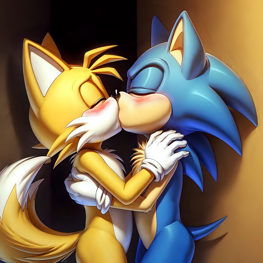 ai_generated blush eyess_closed fox frosting.ai gay hedgehog interspecies kissing male sonic_(series) sonic_the_hedgehog sonic_the_hedgehog_(series) standing tails tails_the_fox trueliamay