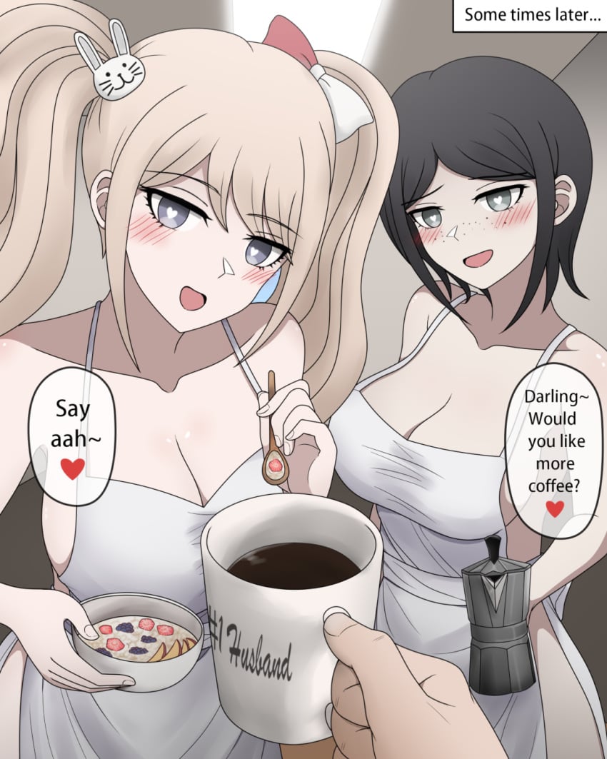 2girls 7-cs apron apron_only black_hair blush blushing brainwashed breasts cleavage coffee danganronpa danganronpa:_trigger_happy_havoc danganronpa_1 fraternal_twins gon_(congchuabuoito) heart-shaped_pupils junko_enoshima large_breasts light-skinned light-skinned_female looking_at_viewer male_pov mukuro_ikusaba naegi_makoto naked_apron oatmeal sisters stepfordization twins