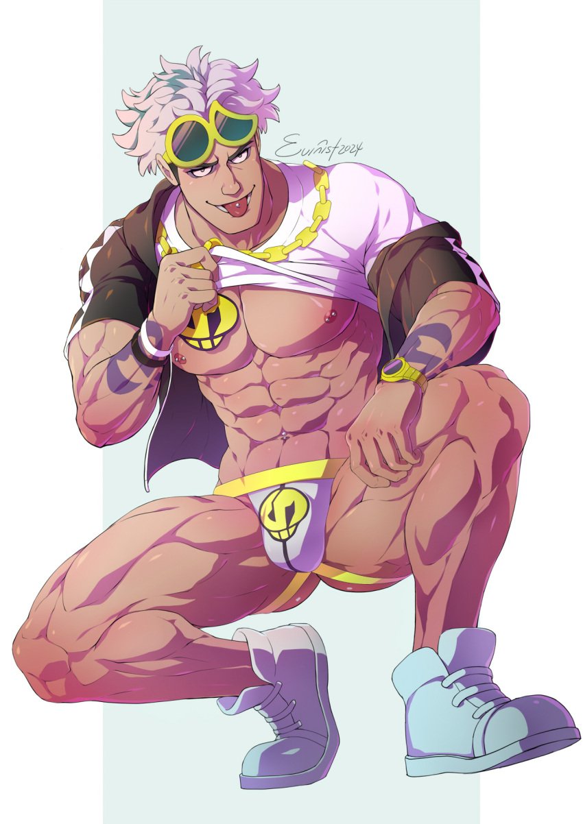 abs bara bara_tits evinist guzma_(pokemon) jockstrap male male_only nipple_piercing pokemon pokemon_sm tongue_piercing underwear