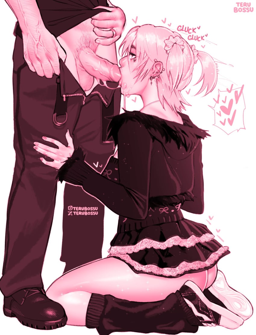 1boy 1girls blowjob clothed clothed_sex digital_media_(artwork) flashing_ass fully_clothed heterosexual kneeling miniskirt monochrome oral oral_sex pants_down pink pink_background sneakers straight sucking sucking_penis terubossu thighs unzipped_pants