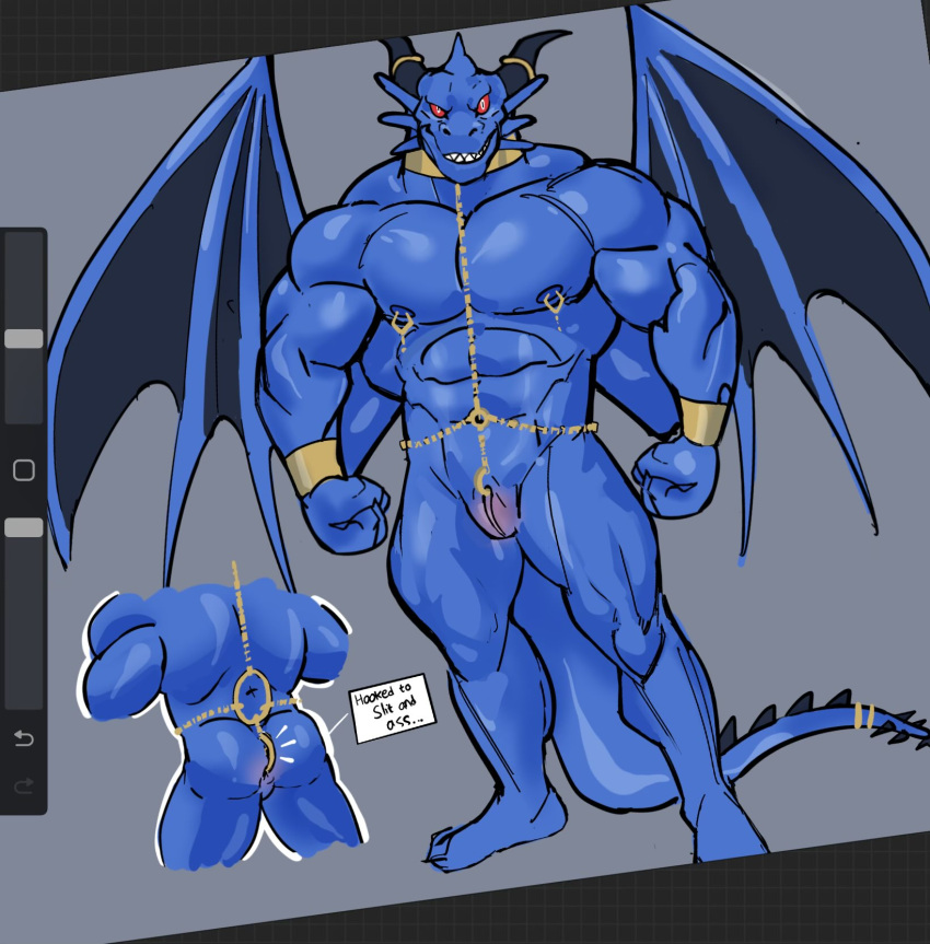 abs anthro ass belum27534364 biceps blue_body blue_dragon_(character) blue_dragon_(series) bracelet collar dragon hi_res horn jewelry jewelry_only male muscular muscular_anthro muscular_male mythological_creature mythological_scalie mythology nipple_chain nipple_chain_to_collar nipple_piercing nipples pecs piercing red_sclera scalie slit_(disambiguation) slit_piercing solo wings