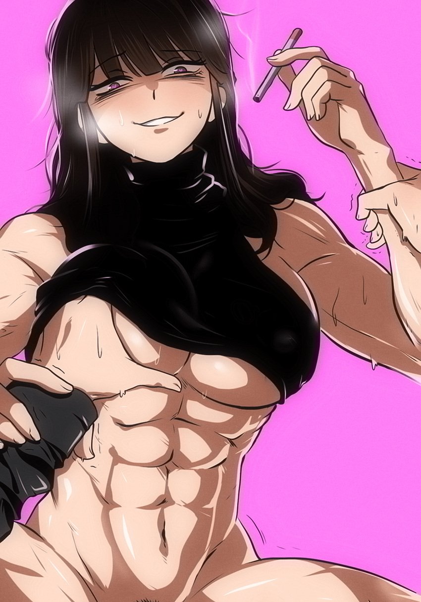 1boy 1girls abs assertive_female assisted_breast_grab black_hair breast_grab breasts female_pubic_hair grabbing heart-shaped_pupils hi_res holding_hands long_hair looking_at_viewer muscular muscular_female original pink_background pubic_hair pubic_hair_peek purple_eyes simple_background smile spoiledmuffin underboob