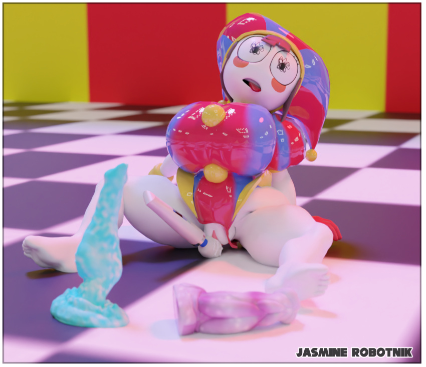 3d_(artwork) 3d_model ahe_gao bare_thighs barefoot blender_(software) circus clothing clown dildo feet female female_focus female_only genital_fluids glitch_productions gloves hair hat huge_cock human jasminerobotnik jester jester_girl jester_outfit kabalmystic_(style) large_breasts latex masturbation mind_break pomni pomni_(the_amazing_digital_circus) sex_toy solo the_amazing_digital_circus thick_thighs tongue_out vaginal_juices vibrator