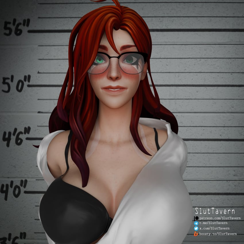 1girls arrest black_bra black_panties dota dota_2 glasses green_eyes light-skinned_female medium_breasts pencil_skirt police_car rape red_hair shirt sluttavern stockings windranger