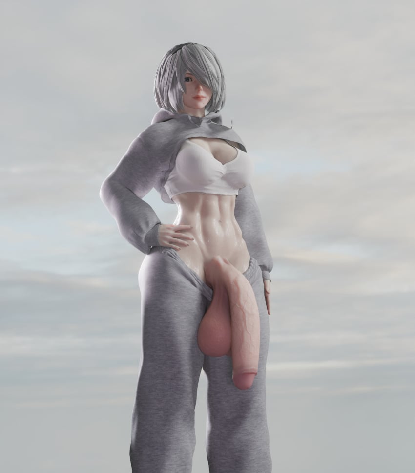 1futa 3d abs aethersart cock_hanging dickgirl futa_only futanari hand_on_hip hoodie huge_balls huge_cock hung_bottom looking_at_viewer muscular muscular_female nier:_automata partially_retracted_foreskin sweatpants topwear yorha_2b