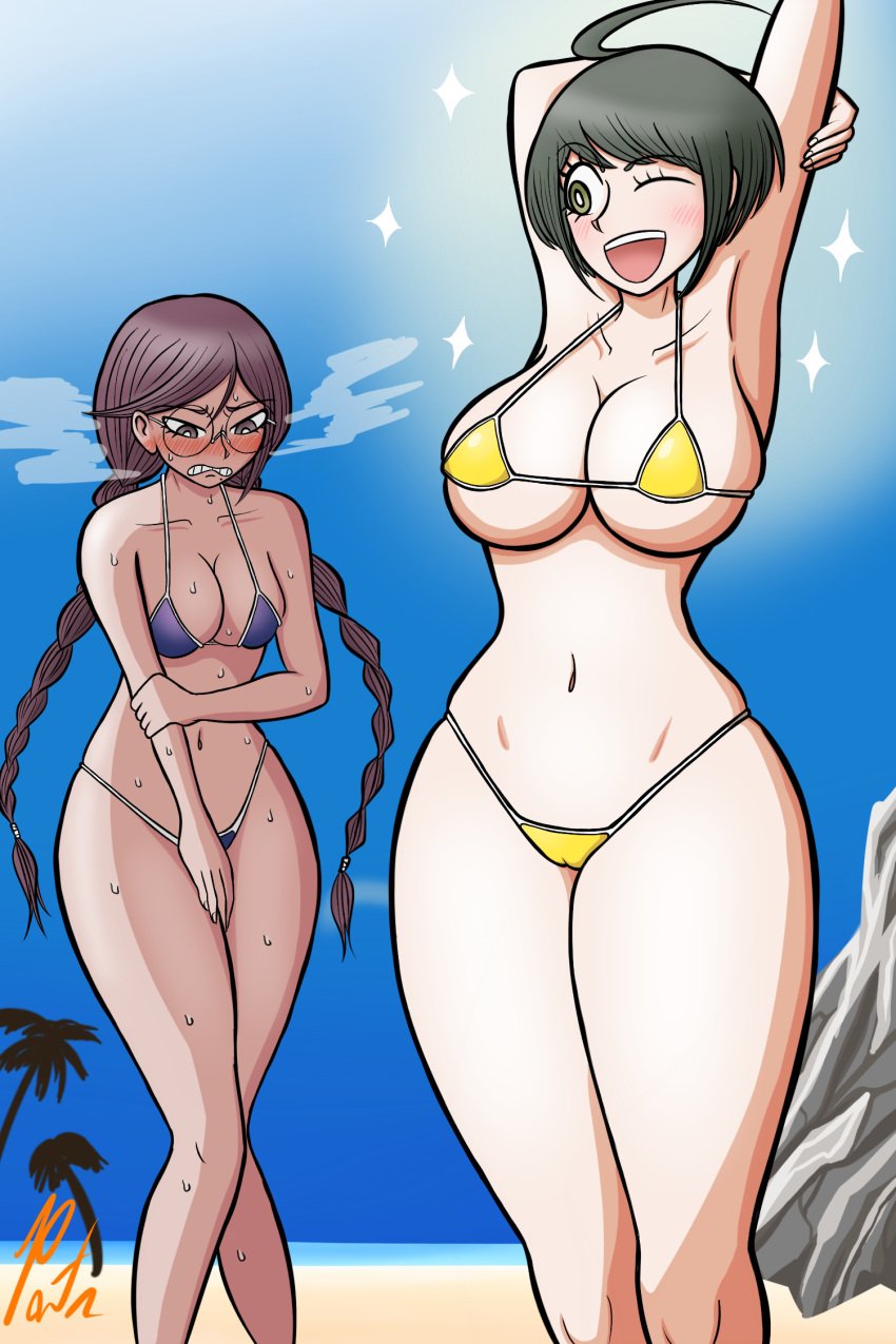 bikini bikini_bottom bikini_top blush breasts danganronpa danganronpa:_trigger_happy_havoc danganronpa_1 danganronpa_ultra_despair_girls embarrassed female_only fukawa_touko large_breasts naegi_komaru pontapon skimpy_bikini