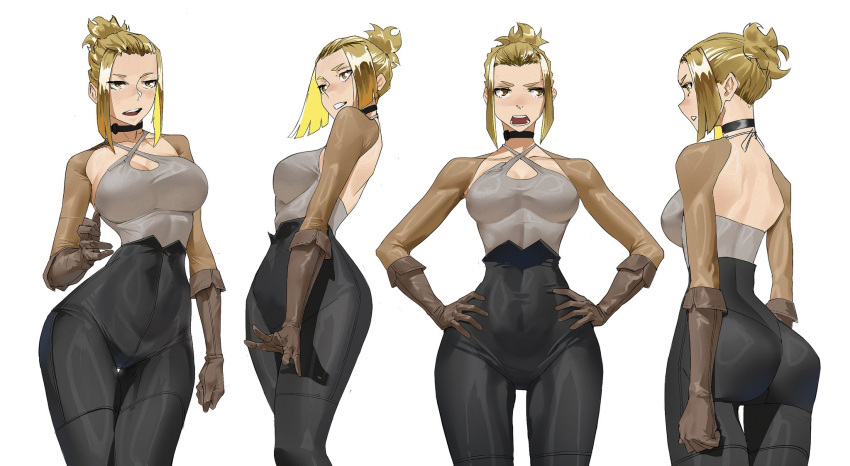 ass black_legwear blonde_hair choker collar gloves hair_bun high-waist_pants high_waisted_pants hips large_breasts large_thighs looking_at_viewer milf multiple_views neon_hair open_mouth original_character sidelocks smiling tbocart white_background