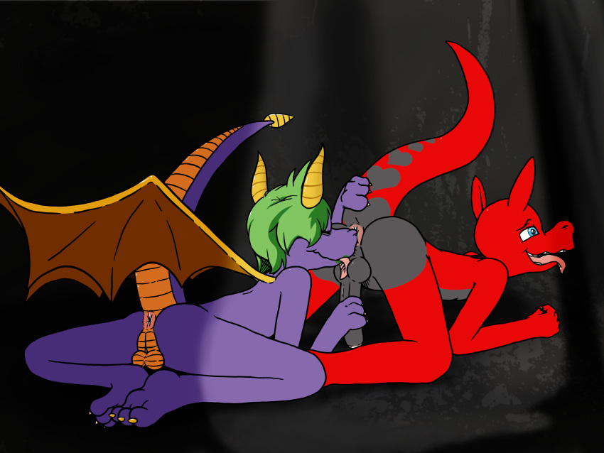 anthro ass ball_play balls butt_sniffing cave cynder cynder_darkov dragon erection feet flat_chested furry futanari green_hair hair heart herm intersex kissing licking male nude penis rubisdrake sniffing spyro_the_dragon tagme tongue tongue_out video_games