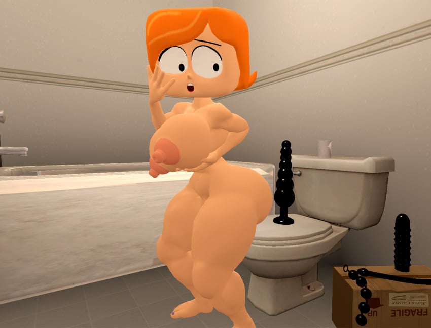 1girls 3d 3d_(artwork) areolae barefoot bathroom big_breasts breasts completely_nude completely_nude_female debbie_turnbull debs_turnbull female female_only full_body indoors looking_back milf mother naked naked_female nipples nude nude_female open_mouth orange_hair robotboy sex_toys shocked shocked_expression short_hair solo solo_female vernesfm