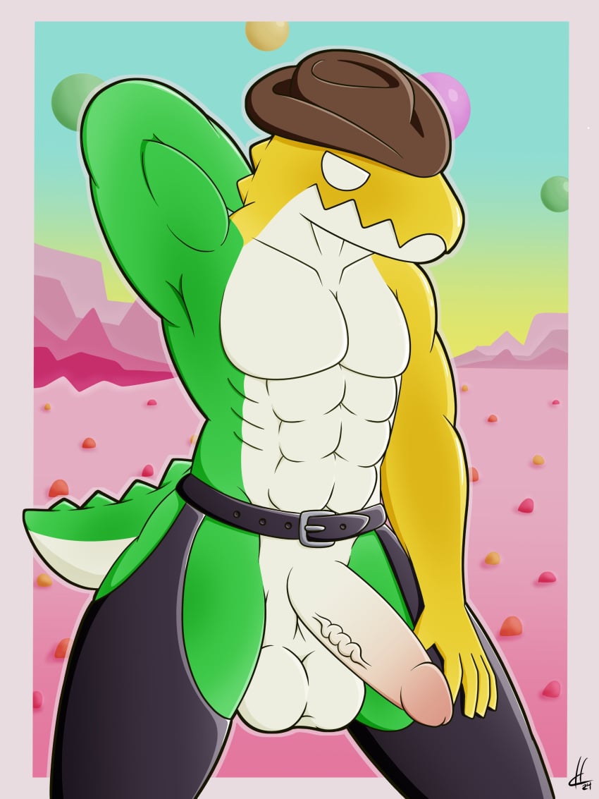 absurd_res alligator alligatorid animal_humanoid aroused bodily_fluids candy clothing cowboy cowboy_hat cowboy_outfit crocodilian crokodile dabid dessert detailed_background flaccid food food_creature genitals glitch_productions gummigoo_(the_amazing_digital_circus) gummy_(food) gummy_creature hat headgear headwear hi_res holding_object humanoid humanoid_genitalia humanoid_penis living_candy male male_only penis posing_for_picture reptile reptile_humanoid scalie scalie_humanoid solo the_amazing_digital_circus tongue tongue_out