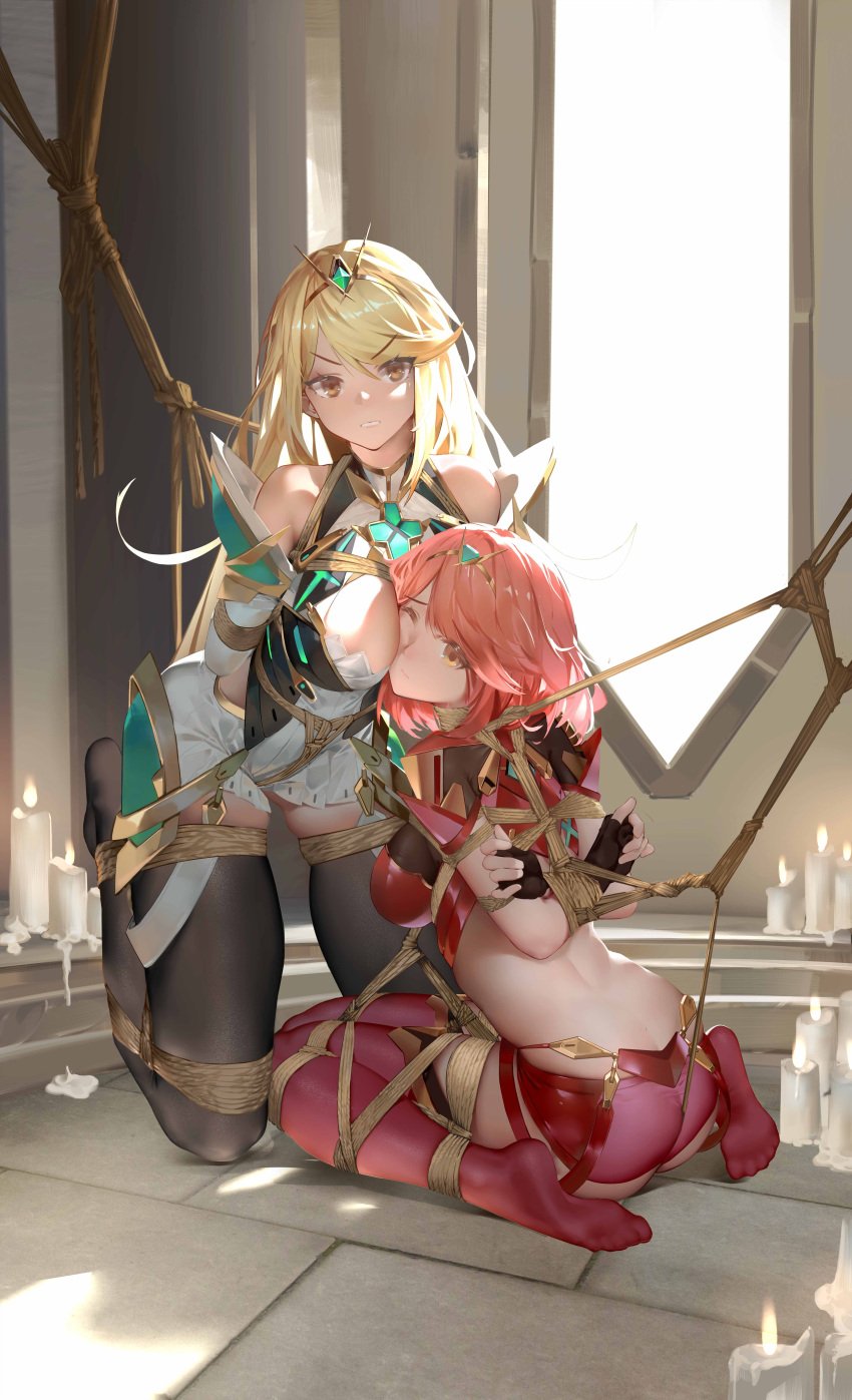 2girls arms_tied_behind_back ass blonde_hair bondage breasts candles cleavage_cutout core_crystal crotch_rope debris_industry dress elbow_gloves fingerless_gloves forced_yuri gloves head_in_cleavage large_breasts legs_tied leotard_shorts long_hair looking_at_viewer multiple_girls mythra nintendo pyra red_eyes red_hair red_leotard red_shorts rope rope_between_breasts rope_bondage shibari_over_clothes short_hair short_shorts shorts thighhighs tiara white_dress xenoblade_(series) xenoblade_chronicles_2 yellow_eyes