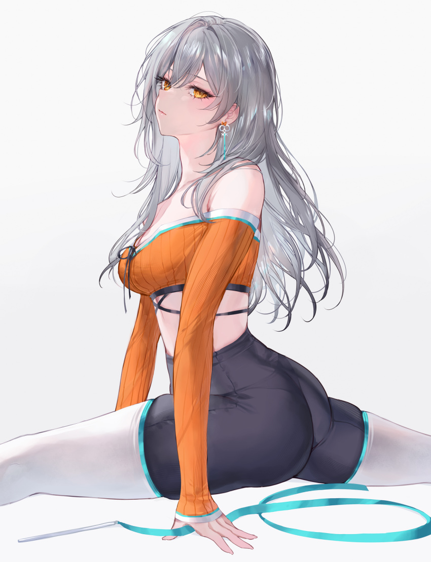 1girls earrings female female_focus female_only flexible gold_eyes grey_hair gymnast gymnastics honkai:_star_rail honkai_(series) light-skinned_female light_skin long_hair looking_at_viewer qiandaiyiyu shoulderless_shirt silver_hair split splits splits_position sports_uniform sportswear stelle_(honkai:_star_rail) tagme topwear yellow_eyes