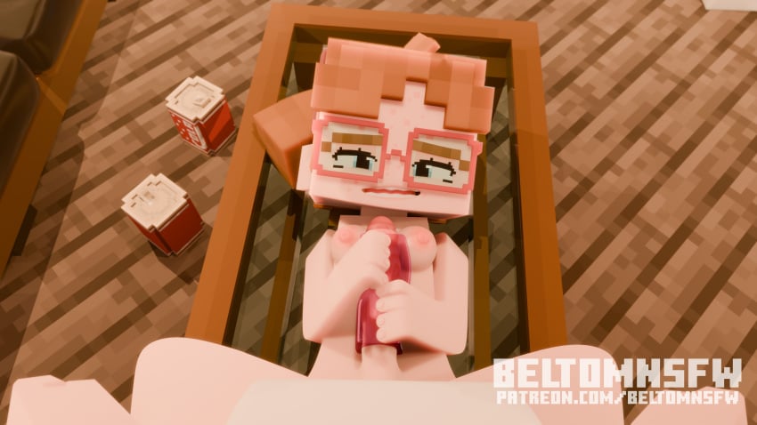 1boy 1girls 3d artificial_vagina ass ass_grab bed bedroom beltomnsfw blender body_writing boobjob brown_hair detailed_background elli_(beltomnsfw) erect_penis female glasses looking_at_another looking_at_partner male mine-imator minecraft nude_male on_table onahole onahole_penetration paizuri partially_clothed sex spread_legs square_head tagme titfuck titjob vagina