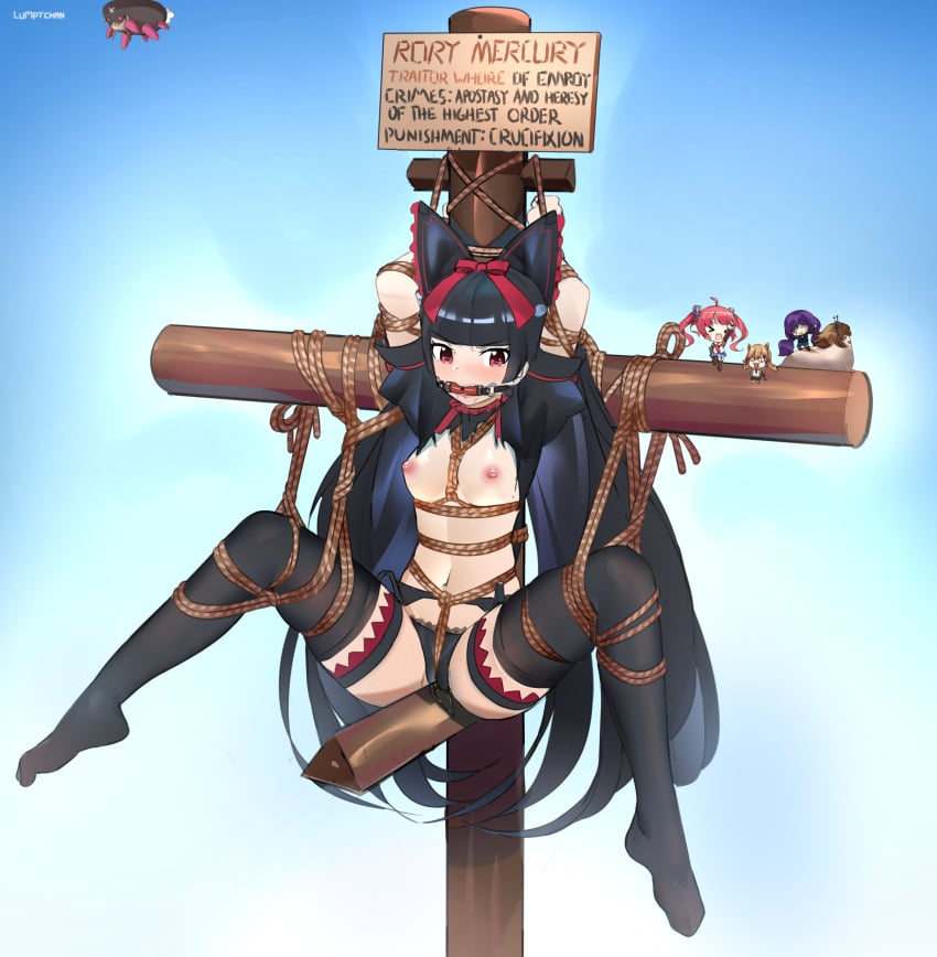 4girls abs absurdres ambiguous_gender angry azur_lane bangs bit_gag black_bow black_hair black_legwear black_panties blunt_bangs bondage bound bow breasts cross crossover crucifixion dab_(dance) dress eudetenis female feral gag gagged game_freak garter_belt garter_straps gate_-_jieitai_ka_no_chi_nite_kaku_tatakaeri girls'_frontline gothic_lolita hairbow headgear highres hime_cut idw_(girls_frontline) kantai_collection lolita_fashion long_hair looking_at_viewer lumpychan multiple_girls mutsu_(kantai_collection) mutsu_(snail) nintendo nipples panties pokemon pokemon_sm puffy_sleeves pussy_juice pyukumuku red_eyes restrained rope rory_mercury saliva san_diego_(azur_lane) simple_background small_breasts smol_nozomi solo solo_focus spread_legs stationary_restraints text thick_thighs thighhighs tied_up torn_clothes torn_dress underwear watermark wide_hips wooden_horse