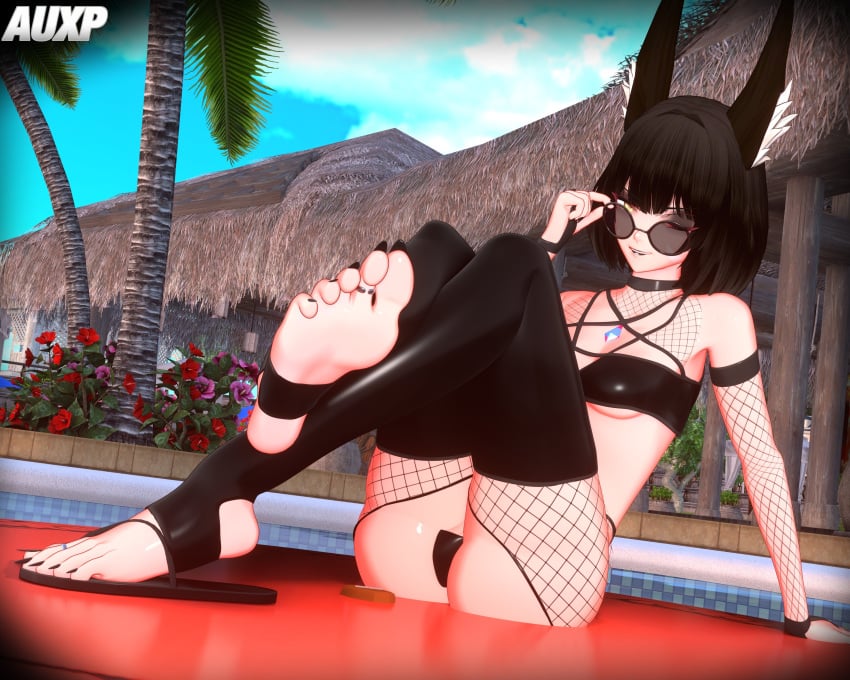 animal_ears auxp barefoot bikini black_hair black_nails black_toenails core_crystal feet fishnets flip_flops foot_fetish greek_toe looking_at_viewer nail_polish nia_(xenoblade) sandals shoes shoes_removed small_breasts soles stirrup_legwear stirrups tagme toe_ring toeless_legwear toenail_polish toes xenoblade_(series)