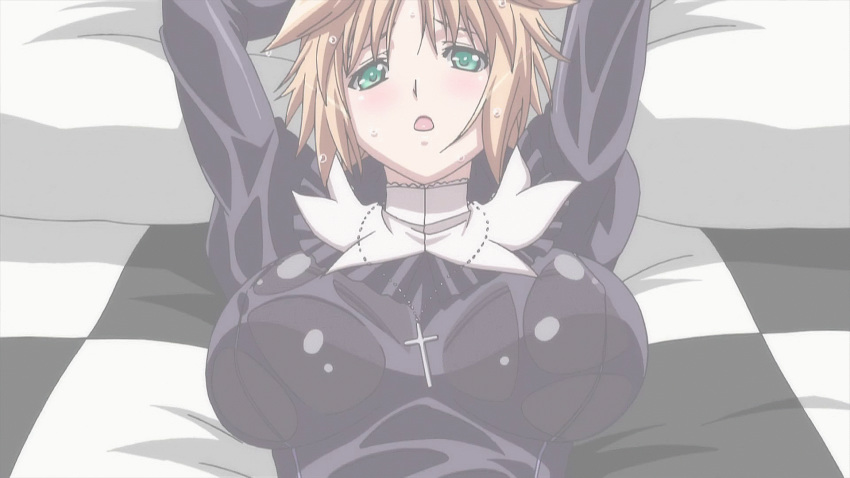 1boy 1girls aleksander_nikolaevich_her animated bed blush breast_grab breast_squeeze breasts cross erect_nipples erect_nipples_under_clothes female grabbing green_eyes heavy_breathing highres hoods_entertainment jewelry large_breasts looking_at_viewer necklace nipples open_mouth orange_hair screencap see-through seikon_no_qwaser sweat teresa_beria tight uno_makoto wet wet_clothes