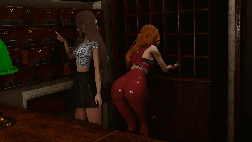 2girls 3d alternate_costume annie_(eternum) armwear ass ass_focus bending_forward black_bra black_skirt bracelet brown_hair brunette_hair butt butt_focus caribdis chocker duo eternum facing_away hair hair_ribbon indoor indoors lamp light-skinned_female light_skin long_hair long_hair_female looking_away multiple_girls nova_(eternum) pointing red_hair red_pants red_top standing tight_clothes tight_clothing tight_pants white_top