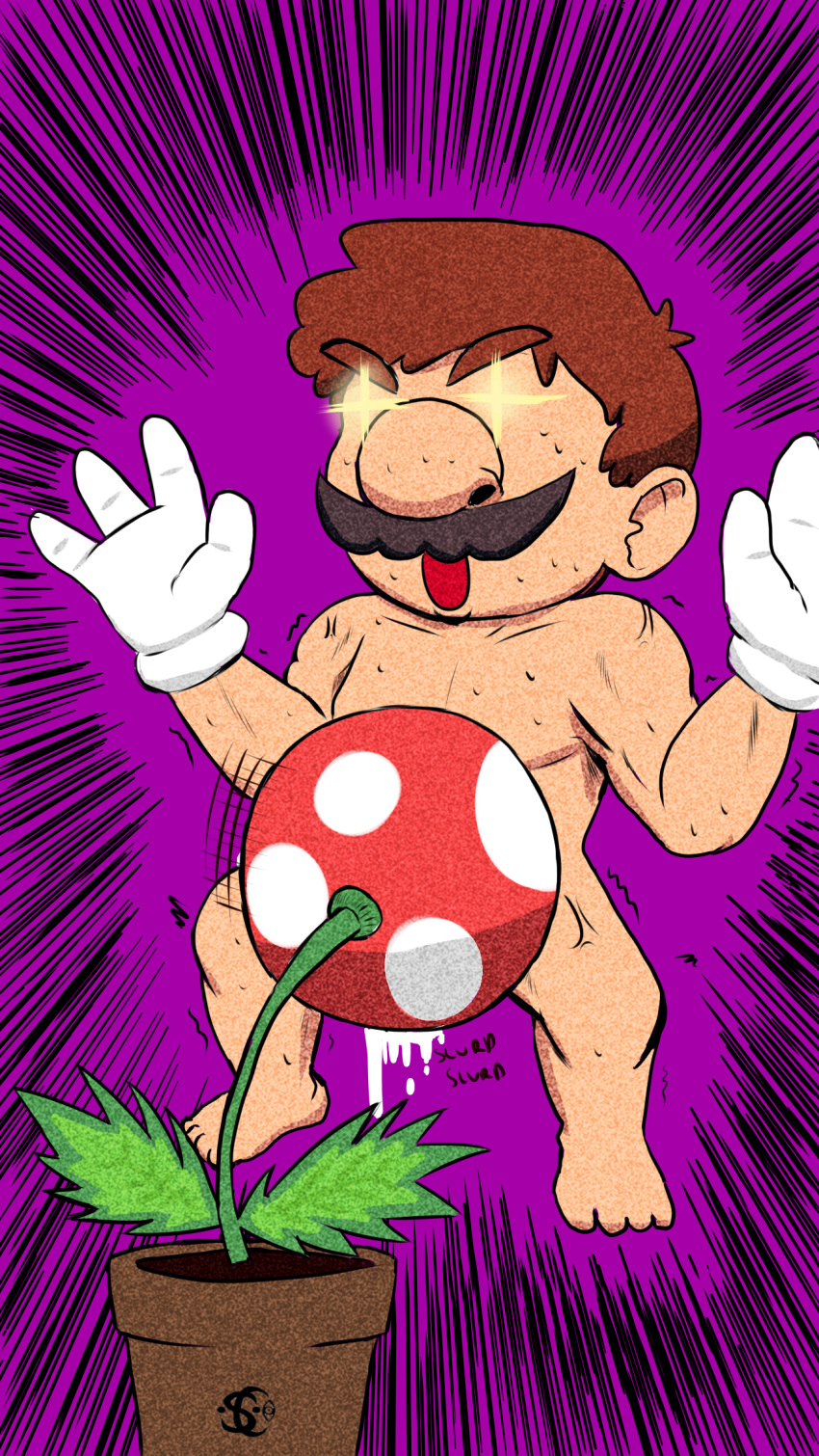 1boy 1other ambiguous_gender cross_pupils cum emphasis_lines fellatio flora_fauna hi_res human interspecies male mammal mario mario_(series) motion_lines nintendo open_mouth oral piranha_plant plant pot purple_background sanaclone simple_background standing video_games