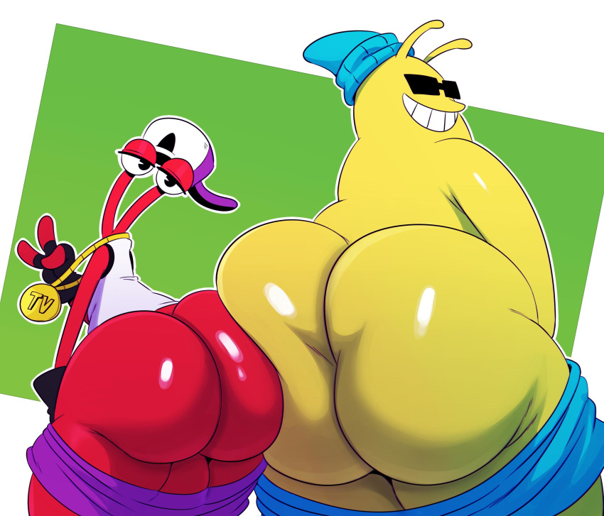 2019 alien ass ass_to_ass balls big_butt clothed clothing earl_(toejam_and_earl) gesture gold_(metal) gold_chain jewelry looking_at_viewer looking_back male_focus necklace pants_down partially_clothed red_skin sssonic2 toejam_(toejam_and_earl) toejam_and_earl v_sign yellow_skin