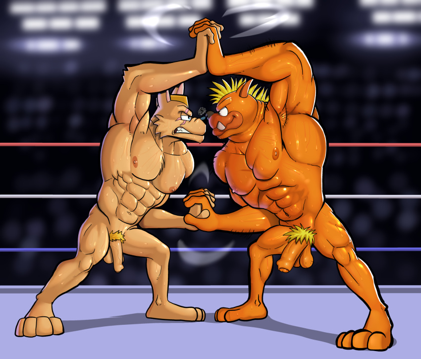 2022 abs anthro archie_comics balls biceps big_muscles blonde_hair bodily_fluids brown_body bulge canid canine canis casual clenched_teeth clothing digital_drawing_(artwork) digital_media_(artwork) dingo dingo_(sonic_underground) duo duo_focus feet fight fighting_ring foreskin genitals group hair hand_holding helmut_von_stryker hi_res humanoid_genitalia hunter-husky male male/male mammal muscular muscular_anthro muscular_male nipples nude nude_fight orange_body pecs penis public sega sonic_(series) sonic_the_hedgehog_(archie) sonic_the_hedgehog_(comics) sonic_the_hedgehog_(series) sonic_underground sweat teeth wrestler wrestling