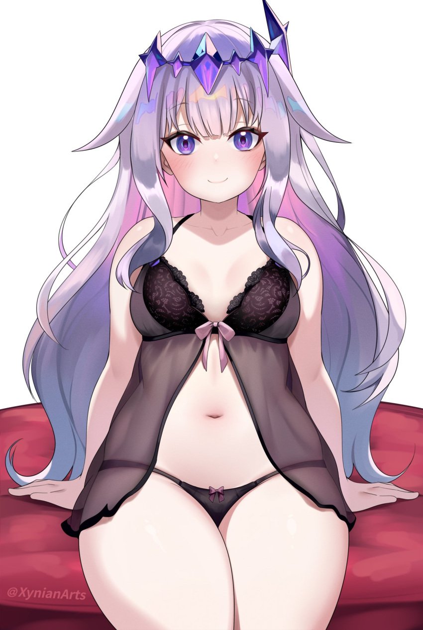 :) arm_support belly black_nightgown closed_mouth hololive hololive_english hololive_english_-advent- koseki_bijou large_thighs medium_breasts navel negligee sitting smile solo thick_thighs twitter_username virtual_youtuber watermark wide_hips xynian