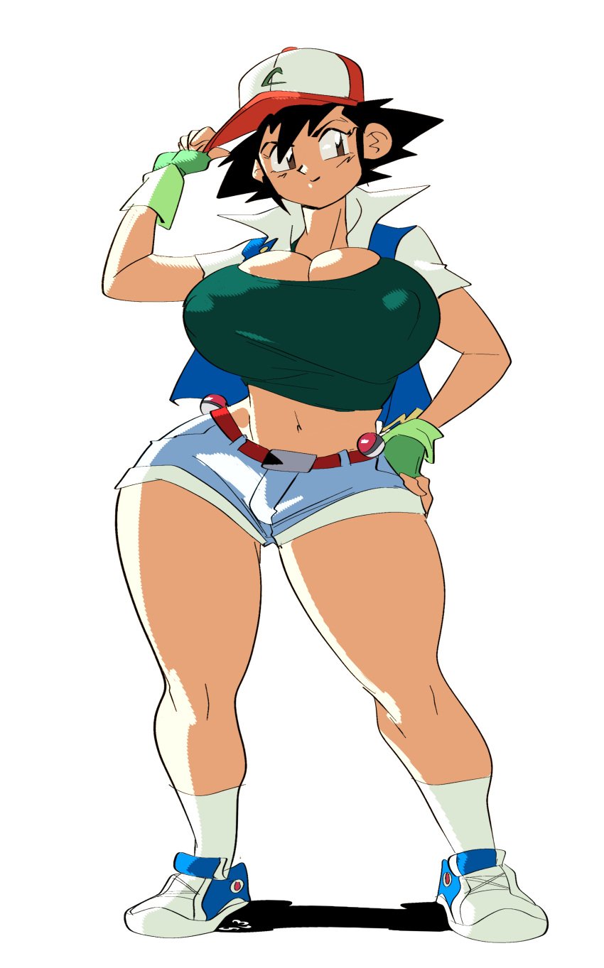 1girls ashley_(pokemon) bimbo black_hair breasts busty cleavage clothed clothing curvy female female_only gloves hat huge_ass huge_breasts human jeans nintendo pokemon pokemon_rgby rule_63 satoko_(pokemon) satoshi_(pokemon) slb thick_thighs thighs voluptuous wide_hips