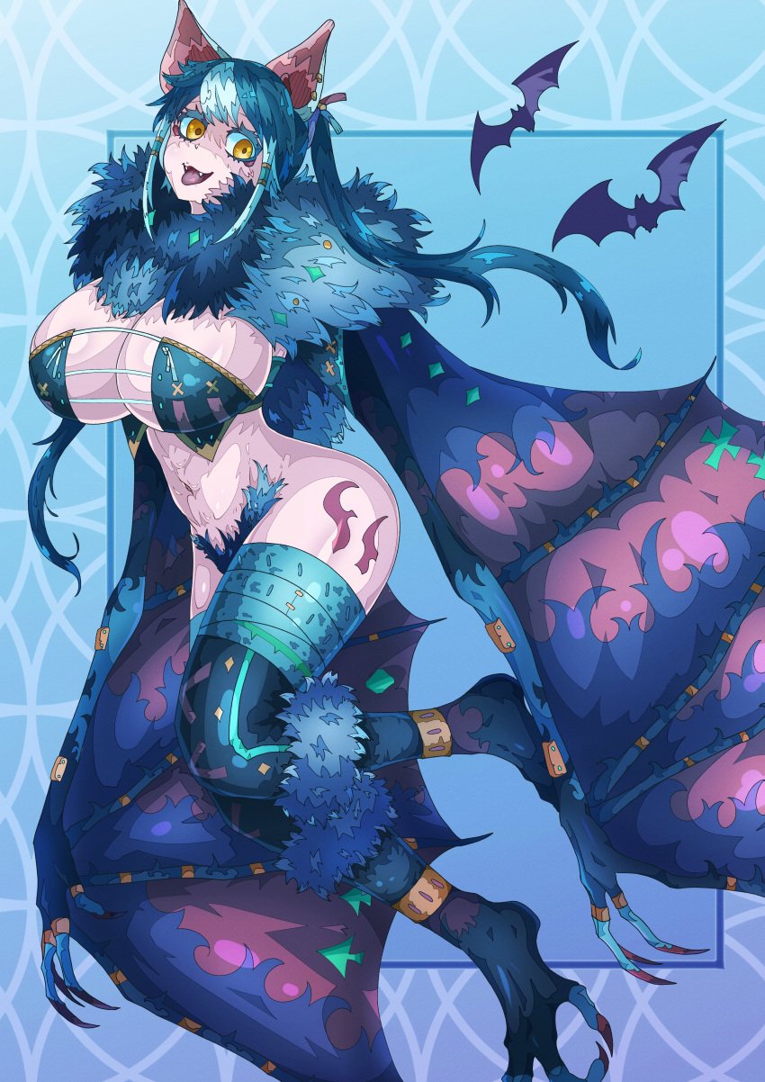 ass ass_visible_through_thighs bangle bat bat_ears bat_girl bat_wings bats blue_hair breasts_bigger_than_head fangs fur huge_breasts human human_only looking_down monster_girl smile talons tongue twintails yellow_eyes