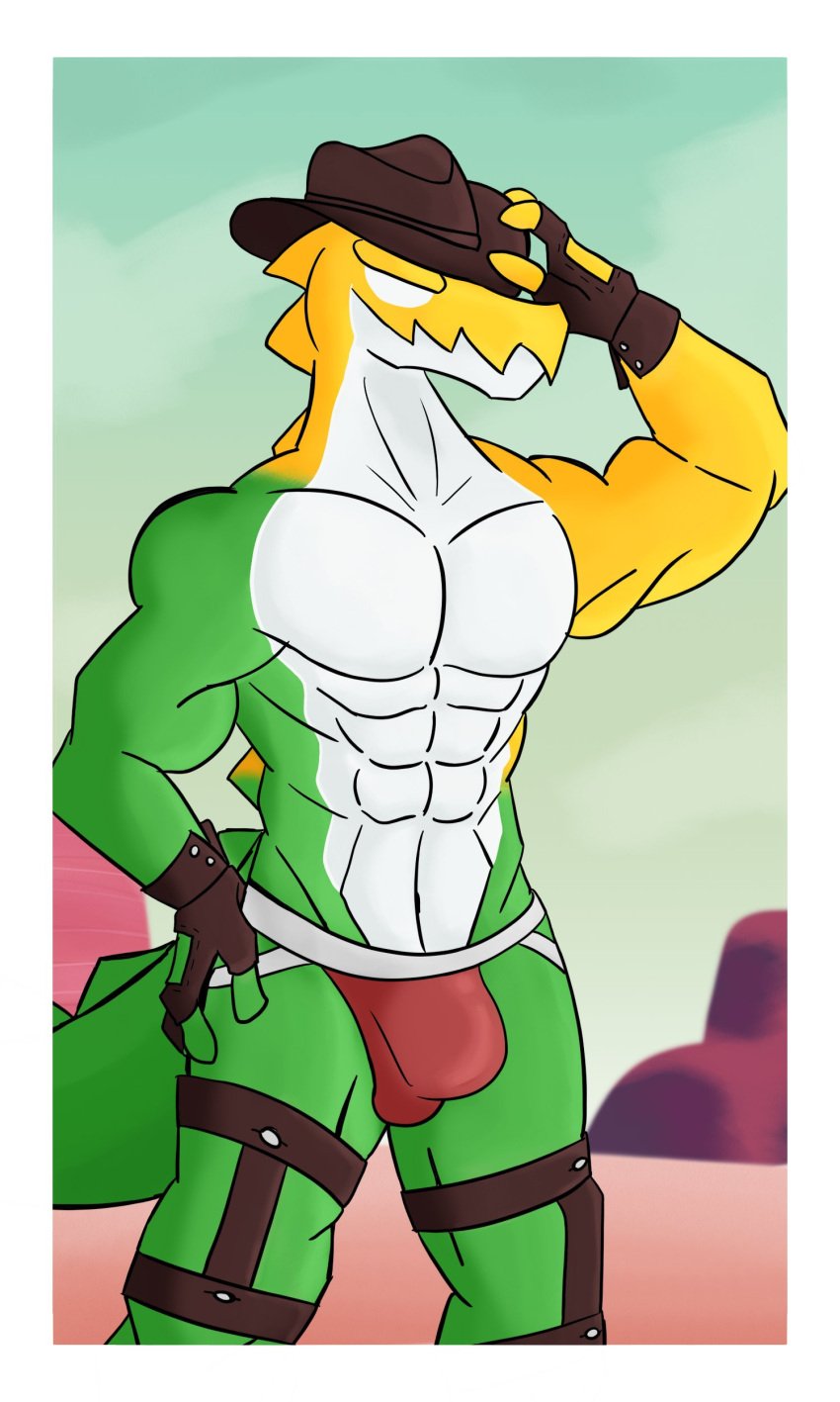 alligator anthro anthro_only biceps bulge clothing cowboy cowboy_hat crocodile crocodilian crocodylid glitch_productions green_body green_scales green_skin gummigoo_(the_amazing_digital_circus) hat male male_only solo some_shiba sun the_amazing_digital_circus underwear