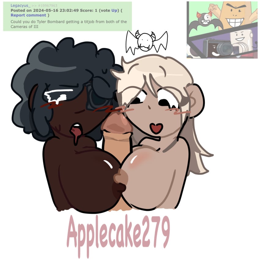 1boy 2girls applecake279 artist_name black_hair blonde_hair blush boobjob breasts camera_1_(ii) camera_2_(ii) colored dark-skinned_female dark_skin disembodied_penis double_titfuck erection female female_focus foreskin foreskin_folds human humanized inanimate_insanity intact male male_pov nipples object_shows orange_skin paizuri partial_male penis pov request retracted_foreskin rule_34_comment smile smooth_penis sprinkles_(ii) straight tan-skinned_female tan_skin titjob titjob_pov tongue tongue_out toony tyler_bombard_(ii) uncut white_background