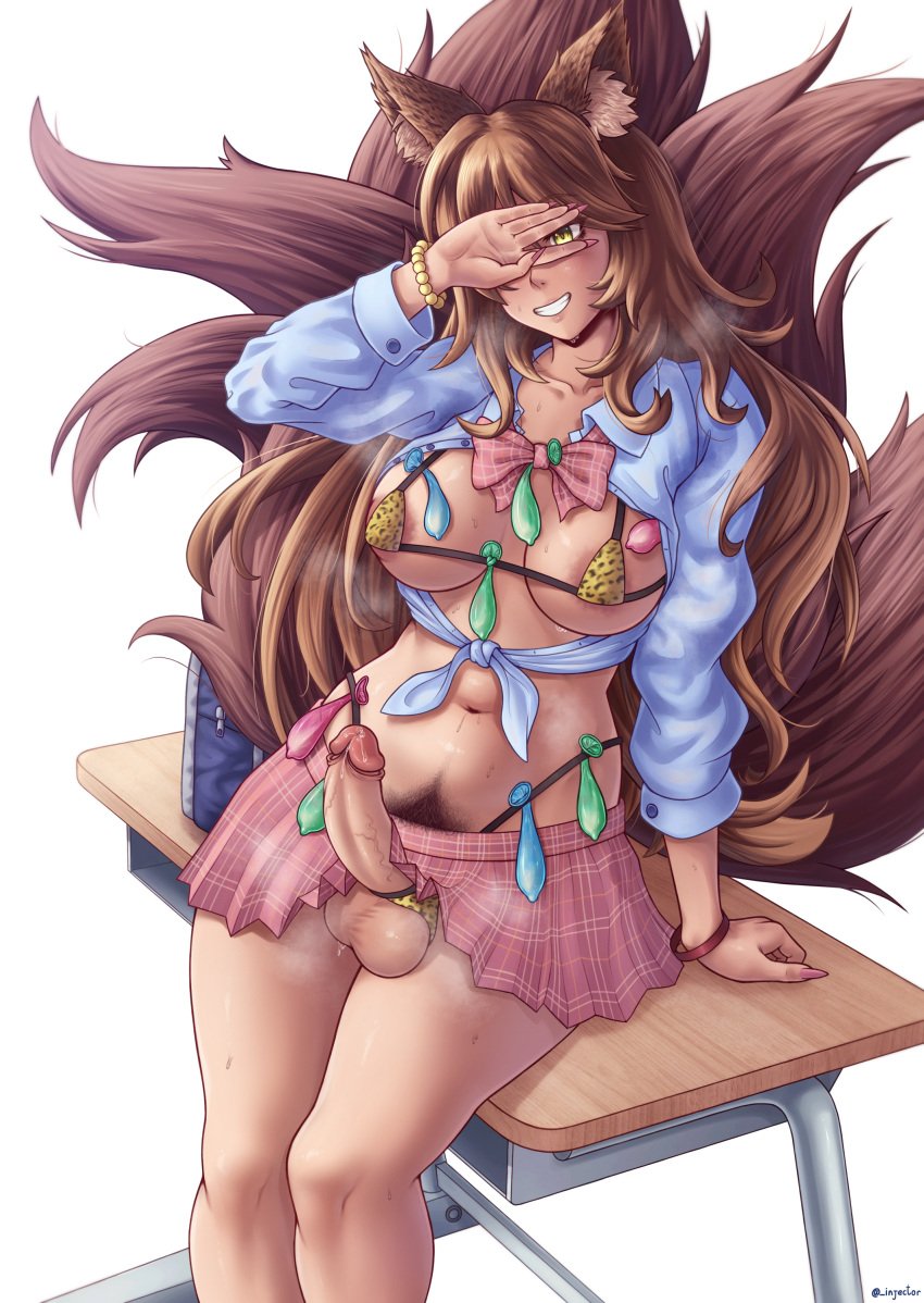 1futa animal_ears balls big_breasts big_penis bikini breasts clothed clothing condom condom_balloon covering_face erect_penis erection fox_ears fox_girl fox_tail futa_only futanari futanari_focus gyaru hairy hiding_face humanoid humanoid_penis injector kemonomimi light-skinned_futanari light_skin mostly_nude original original_character penis pubes pubes_exposed pubic_hair sitting solo