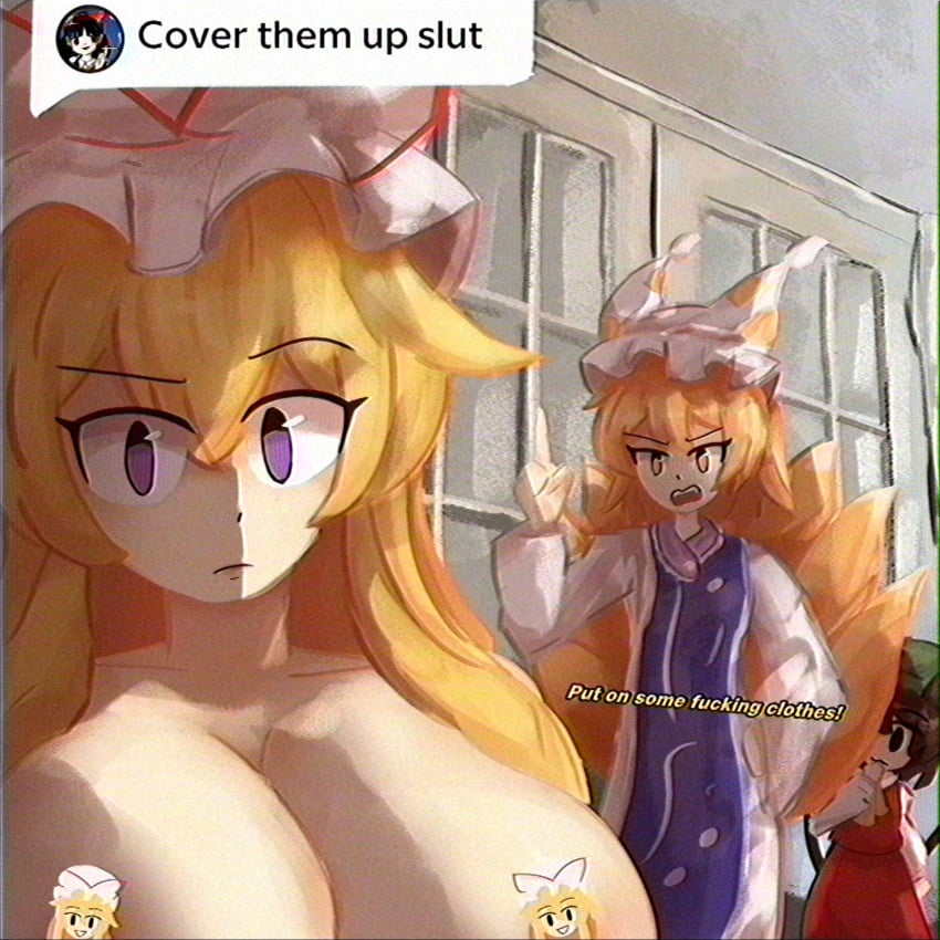 3girls big_breasts breasts censored_breasts censored_nipples chen clothed_female_nude_female cover_them_up_slut english_text huge_breasts lad_der light-skinned_female light_skin mature_female meme milf older_female rachelultrakill ran_yakumo reimu_hakurei touhou vhs_filter yelling yukari_yakumo