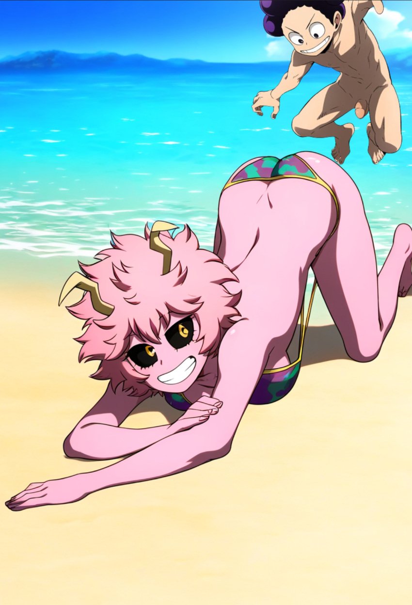 accurate_art_style ai_generated beach bending_over evil_grin leaping male/female mina_ashido minoru_mineta my_hero_academia nude short_male slingshot_swimsuit small_penis straight