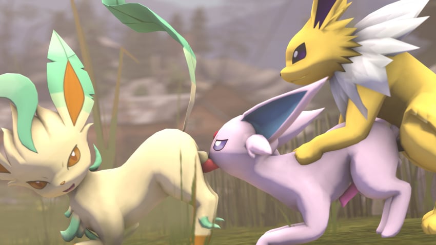 16:9 3d_(artwork) anal animal_genitalia animal_penis anthro balls digital_media_(artwork) duo eeveelution espeon feet feral feral_on_feral generation_1_pokemon generation_2_pokemon generation_4_pokemon genitals group hi_res jolteon leafeon male male/male nintendo oral outside pawpads paws pe penetration penis pokemon pokemon_(species) sawert sex source_filmmaker_(artwork) widescreen