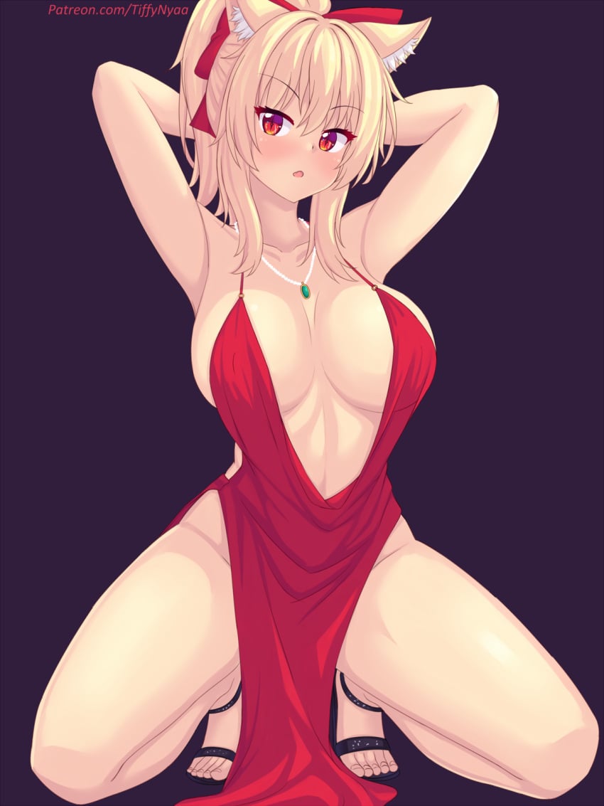 1girls blonde_hair breasts cat_ears catgirl cleavage dress female hips kneeling large_breasts light-skinned_female light_skin long_hair red_dress red_eyes tiffy tiffynyaa wide_hips