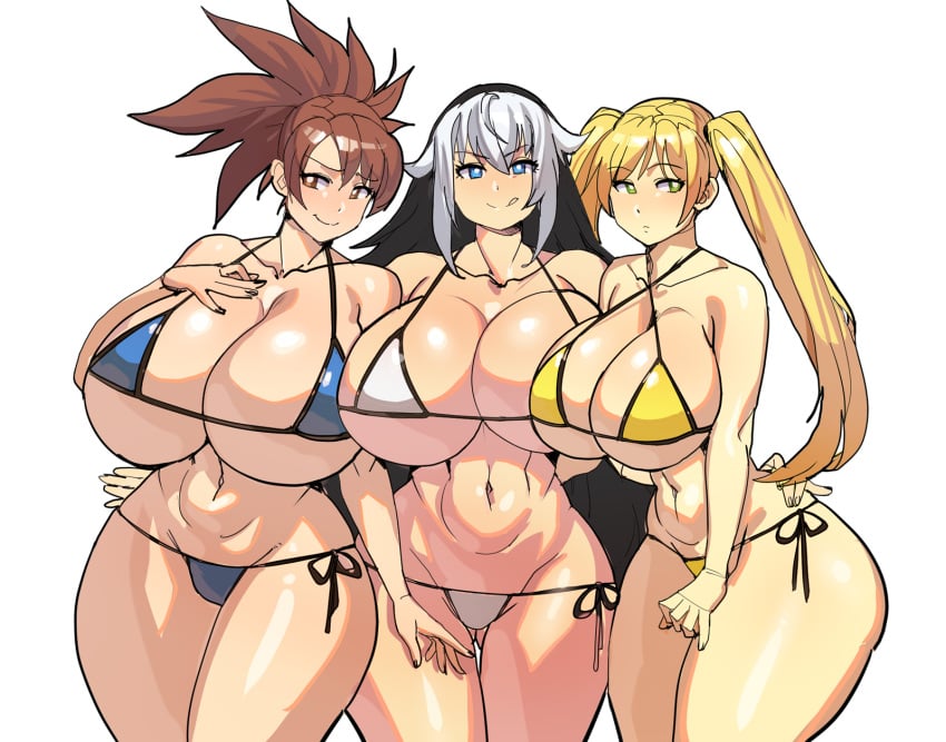 3girls :p arm_around_waist ass_visible_through_thighs big_breasts bigger_than_head black_hair blonde_hair blue_bikini blue_eyes blush breast_comparison breast_size_difference breasts breasts_bigger_than_head brown_eyes brown_hair cleavage eyelashes frown green_eyes highres huge_breasts large_breasts long_hair looking_at_viewer looking_to_the_side maniacpaint multiple_girls nail_polish navel original ponytail seductive short_hair side-tie_bikini simple_background smile standing stella_andersen swimsuit thick_thighs thigh_gap tongue tongue_out twintails two_tone_hair valdis_nystrom very_long_hair white_background white_bikini white_hair yellow_bikini yuki_hellstrom