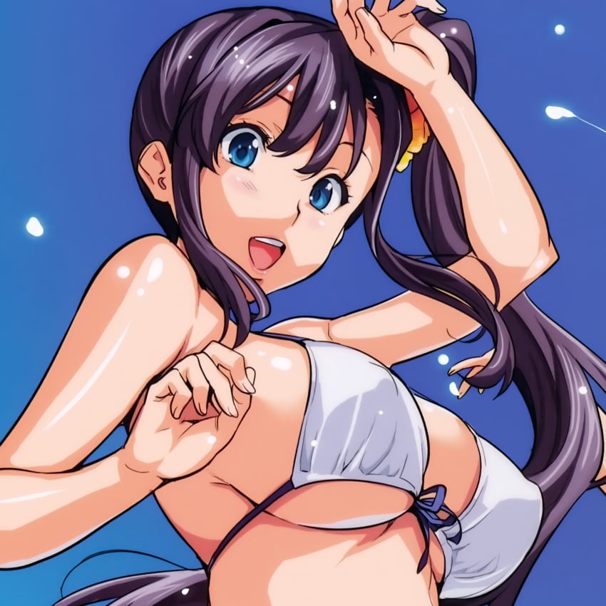 amaya_haruko bare_shoulders big_breasts bikini bikini_top blue_eyes color colored female female_focus female_only hair_between_eyes hair_tie high_resolution highres long_hair looking_at_viewer maken-ki! nipple_bulge official_art open_mouth purple_hair side_ponytail smile smiling smiling_at_viewer swimsuit takeda_hiromitsu white_bikini white_swimsuit