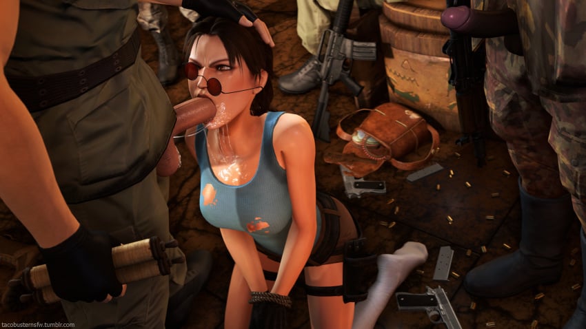 1girls 3d 4boys areolae balls bound breasts brown_eyes brown_hair cum_in_mouth cum_on_breasts dark-skinned_male dark_skin fellatio forced glasses hand_on_head interracial lara_croft lara_croft_(classic) looking_over_eyewear looking_over_glasses nipples on_knees one_eye_closed penis red-tinted_eyewear ripped_clothing sunglasses tacobusternsfw tinted_eyewear tomb_raider