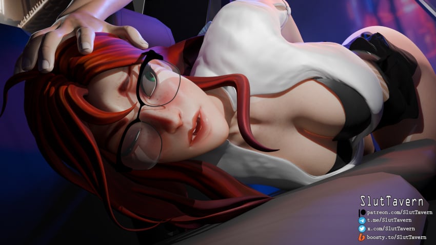 1girls arrest black_bra black_panties dota dota_2 glasses green_eyes light-skinned_female medium_breasts pencil_skirt police_car rape red_hair shirt sluttavern stockings windranger